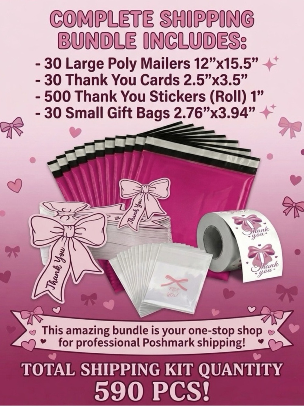590pcs Shipping Bundle 30 Poly Mailers, 30 Cards, 500 Stickers & 30 Gift Bags